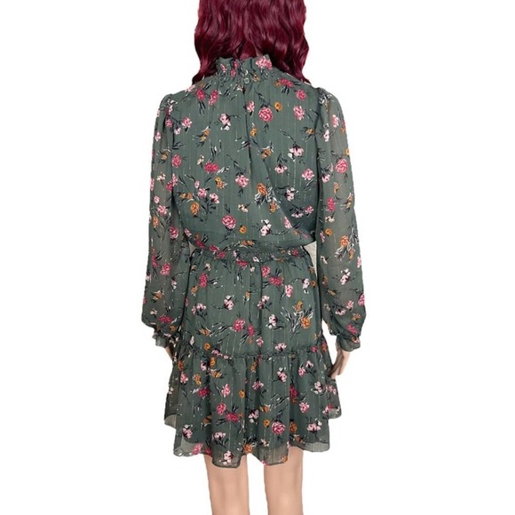 Drew Womens Green Floral Chiffon Dress Small Smocked Ruffle Lined Keyhole NWT - Picture 3 of 12